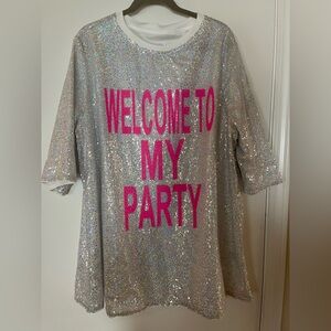 SHEIN Silver Sequin Tee with Pink Lettering